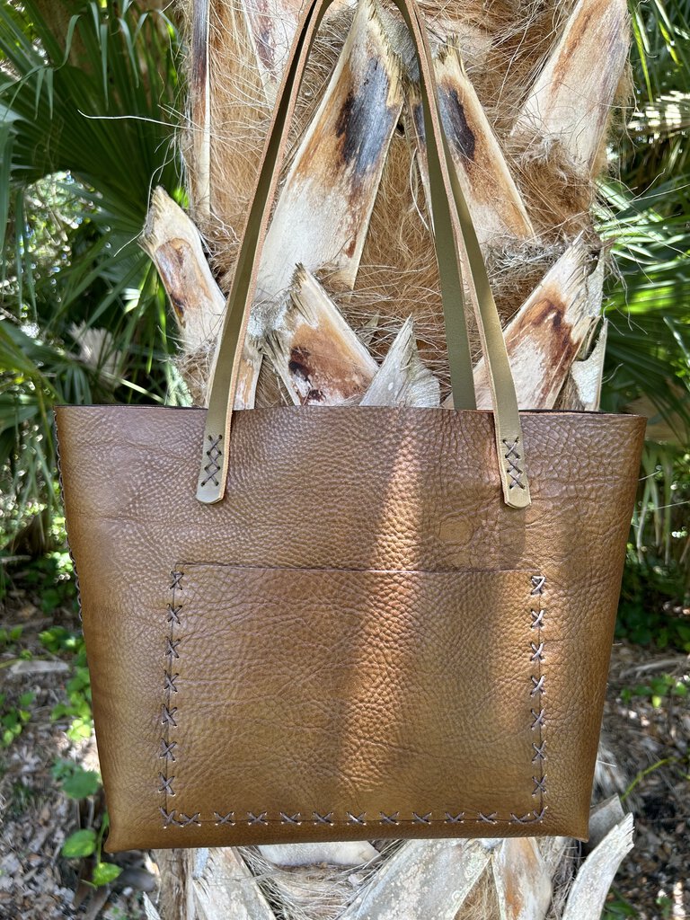 HANDSTITCHED TOTE BAG PEBBLED ITALIAN LEATHER HAZEL BROWN