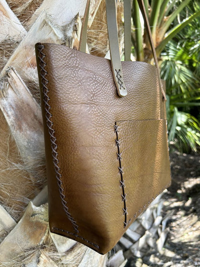 HANDSTITCHED TOTE BAG PEBBLED ITALIAN LEATHER HAZEL BROWN